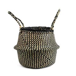 BlueMake Panier de Ventre tissé en jonc de mer pour Panier de Pot de Plante de Stockage et Panier à Linge, Pique-Nique et Panier d'épicerie (Medium, Black Strips)