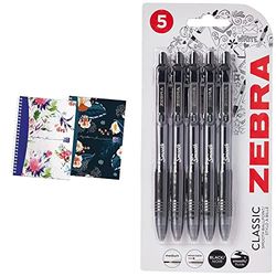 Oxford Botanics Twin Pack, A5 Hard Cover Wirebound Notebook, Ruled with Margin, 140 Pages, Scribzee Enabled & Zebra 2438 Z-Grip Smooth Retractable Ballpoint Pen - Black (Pack of 5)