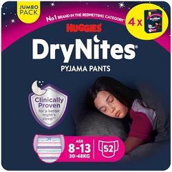 Huggies DryNites, Night Time Pants for Girls - Sizes 8-13 Years (52 Pants) - Teen Pyjama Pants to Manage Bed Wetting - Discrete Designs