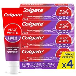 Colgate Dentifricio Sbiancante Max White Purple Reveal 4 Confezioni da 75 ml I Per Denti Bianchi I Sicuro Per Lo Smalto I Contiene Fluoro I Sbiancamento denti I Bianco naturale