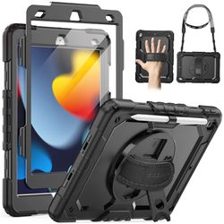 SEYMAC Hoes voor iPad 9e/8e/7e Generatie 2021/2020/2019 (10,2 inch) - met Schermbeschermer, 360° Draaibare Standaard/Handriem & Penhouder, Schouderband - Zwart