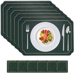 Washable Placemats, Non-Slip Placemats Leather Faux Leather Placemats, Set of 6 Leather Look Placemats with Coasters, Leather Placemats Wipe Clean for Restaurant Dining Table (Green)