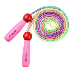 OTraki Regenboog springtouw kinderen, verstelbare springtouwen voor kinderen, houten handvat springtouw voor meisjes/jongens, oefening springtouw kind, roze & 2,5 m