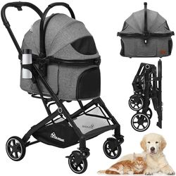 YITAHOME Hondenwagen, kinderwagen, opvouwbare hondenkinderwagen voor middelgrote honden, 15 kg, hondenbuggy met afneembare drager, opbergmand, bekerhouder, huisdierdrager op 4 wielen (grijs)