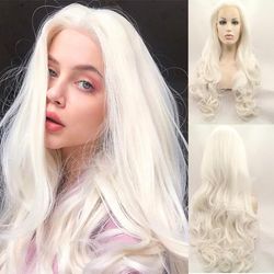 xiweiya 60 Platinum Blonde Lace Front Wig Long White Blonde Wavy Synthetic Lace Front Wig White Wig Heat Resistant Fiber 13x3 Lace Frontal Wig for Woman Drag Queen 24inch