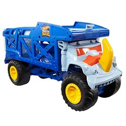 Hot Wheels Monster Trucks Camion Rhino, Transporteur pour 12 Monster Trucks Ou 32 Voitures À L’échelle 1/64, avec Rampe De Lancement, Jouet Enfant, Dès 3 Ans, HFB13