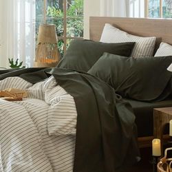 MooMee Parure de lit 100% Coton lavé, Aspect Lin texturé, perméable à l’air, Durable, Douce et Confortable - Vert Olive, King-Size