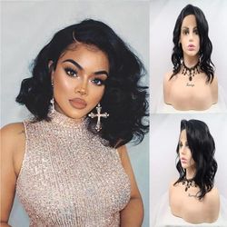 Xiweiya Wigs 1b Black Loose Wave Bob Lace Front Wig Side Part Natural Black 13x4 Lace Front Wig Natural Hairline Heat Reistant Fiber Synthetic Full Wig Soft Hair for Drag Queen 14inch