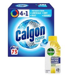 Calgon 4-in-1 Washing Machine Cleaner and Water Softener Tablets, 75 Count + Dettol Washing Machine Cleaner Lemon Breeze, 250ml, Removes Limescale, Residue, Dirt, Odours & Rust