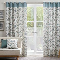 Fusion - Rideaux à Feuilles Bleu Canard 117 x 183 cm - 100% Coton - 2 Panneaux - Rideaux à œillets en œuf de Canard - Rideaux Floraux Bleus pour Chambre et Salon - Collection Beechwood