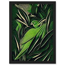 Wee Blue Coo Green Modern Vintage Retro Abstract Jungle Tropical Leaves Parrots Illustration Artwork Framed Wall Art Print A4