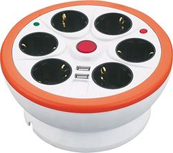 Garza Power Extensão circular com 6 tomadas + 2 USB, padrão múltiplo de 1,4 metros | com interruptor e guarda-cabos | cabo H05W-F 3G, cor laranja