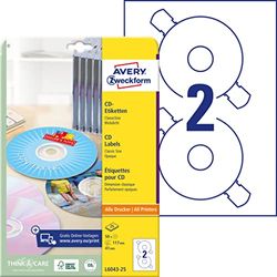 AVERY Zweckform L6043-25 CD-etiketten (A4, 50 stuks, Ø 117 mm, 25 vellen) wit