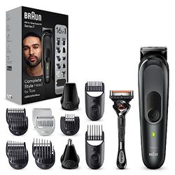 Braun REGOLABARBA Tagliacapelli Uomo, Rasoio Elettrico Barba e Capelli, 16-in-1 Styling Kit per Barba, Capelli, Corpo, Naso e Orecchie, 100 Minuti Di Utilizzo Senza Fili, MGK7470