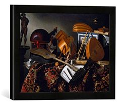 Ingelijste foto van Bartolomeo Bettera "muziekinstrumenten, bladmuziek en boeken", kunstdruk in hoogwaardige handgemaakte fotolijst, 40x30 cm, mat zwart