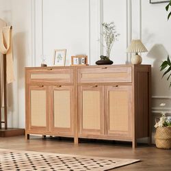 VEVOR Rattan Cabinet, Set of 2, Rattan Storage Cabinet with 4 Magnetic Doors and 2 Drawers, Sideboard Buffet Cabinet with Adjustable Shelves, Ideal for Hallway, Entryway,Living Room,or Kitchen,Natural