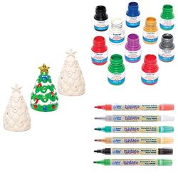 Baker Ross Christmas Tree Ceramic Tealight Holders (AC3262) and Christmas Multi-Purpose Deco Paint Pots (FE805) and Christmas Glitter Porcelain & Deco Paint Pens (FE797)