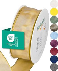 Halbach Seidenbänder Cinta de regalo premium con borde de alambre, ancho de 40 mm, longitud 25 m, cinta de tafetán certificada Öko-Tex 100, fabricada en Alemania, color: amarillo oscuro