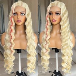 X-TRESS 30" Skunk Stripe Blonde Synthetic Lace Front Wig with Red Highlights, 13x4x1 Loose Deep Wave Glueless Pre-Plucked Wig for Black Women