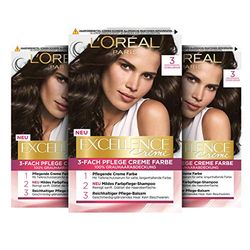 L'Oréal Paris permanent hårfärg, 100% grått hårskydd, hårfärgningsset med färgning, schampo och 3-vägs vård krämfärg, Excellence Creme, 3 mörkbrun, 3 x 268 g