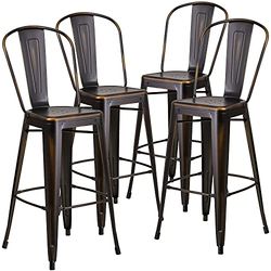 Flash Furniture Blake - Sgabello da Bar per Interni ed Esterni in Metallo ramato ad Alto Effetto Invecchiato, di Grado Commerciale, Confezione da 4, 30", con Schienale