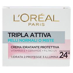 L'Oréal Paris Tripla Attiva Crema Viso Idratante Protettiva Giorno per Pelli Normali o Miste, 50 ml (Confezione da 3)