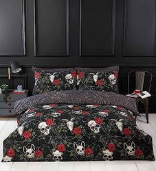 Rapport Home Black Duvet Cover Set with Skulls & Roses, Halloween Themed Microfibre King Bedding Set