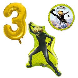 Cat Noir Ballonset ballon met gouden getal, 3 kinderverjaardag, geschikt voor helium, decoratie voor kinderverjaardag, feestservies, decoratie voor verjaardagsfeest, themafeest, themafeest, ballonnen