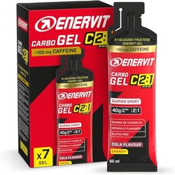 Enervit Carbo Gel C2:1PRO con Cafeína, Gel Energético con 40g Carbohidratos, Actividades de Alta Intensidad, +50% Carbohidratos Absorbidos, Sabor Cola, Sin Gluten, Alta Digestibilidad, 7 Pack de 60ml