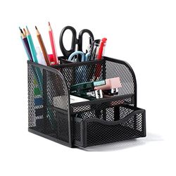 Vinabo Bureau-organizer, bureau-organizer van metalen net, pennenkoker met 4 vakken, ruimtebesparende pennenhouder met uittrekbare lade voor schrijfwaren, huis, school