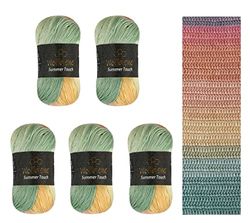 Wollbiene Summer Touch Batik, 5 x 100 g, Wool, Multicoloured with Colour Gradient, 500 g Mercerised Knitting Wool, Microfibre Acrylic (501 Yellow-Orange-Mint)