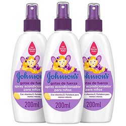JOHNSON'S Spray condicionador para crianças gotas de força, condicionador para cabelo que aumenta a força natural do cabelo do seu bebé, sem enxaguamento, 3 x 200 ml