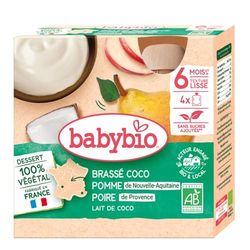 Babybio Brassés Végétaux - Gourdes Lait de Coco Pomme Poire 4x85 g - 6+ Mois - BIO