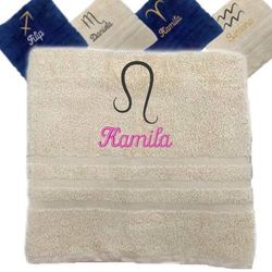 Asciugamano personalizzato con nome ricamato con segni zodiacali Asciugamano personalizzato con segno zodiacale Asciugamano in cotone regalo personalizzato (140 x 70 cm, Leo)