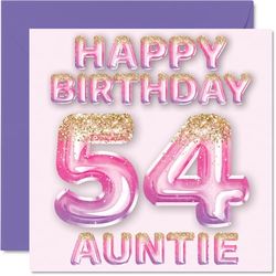 Stuff4 Biglietto di auguri per il 54° compleanno della zia, con palloncini glitterati rosa e viola, biglietti di auguri per la zia di 54 anni, 145 mm x 145 mm