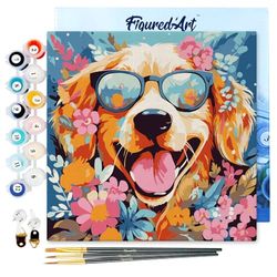 Figured'Art Mini Peinture par Numéro Adulte 20x20cm avec cadre Chiot fantaisie et des fleurs - Petit Format Kit de Loisir Créatif DIY Numéro d'Art Complet