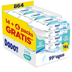 Dodot Toallitas Pure Aqua Para Bebé, 864 Toallitas (18 Packs de 48 Unidades), Ayuda A Restaurar El PH Natural De La Piel, 99% Agua, Sin plástico
