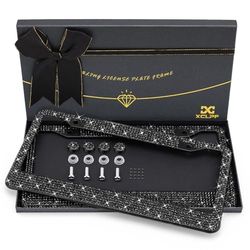 XCLPF - Cornice per targa da donna, luccicante, in acciaio inossidabile, oltre 1000 pezzi, 14 sfaccettature in vetro trasparente con strass con diamanti bianchi e confezione regalo (2 pezzi)