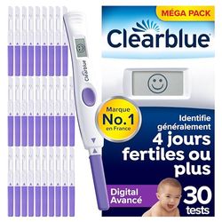 Clearblue Test d'Ovulation Digital Avancé, 1 Appareil et 30 Tests, Vous Aide à Concevoir, Identifie généralement 4+ jours fertiles, Maximise vos chances de conception naturelle