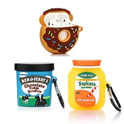 (3Pack) Case for Airpods 1 and Airpods 2, XMBYGY Silicone Airpods Case Protective Cover with Cute Funny Skin Design, with Keychain (OrangeJuice+Donuts+BenJerry)