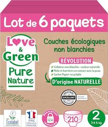 Love & Green Pure Nature Pack de 210 Couches écologiques non blanchies T2 x 35 (3-6 kg)