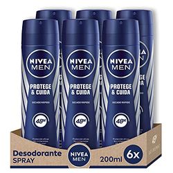 NIVEA MEN Protegge & Cura Spray in confezione da 6 (6 x 200 ml), deodorante da uomo con massima protezione 48 ore, spray antitraspirante per la cura maschile, 0% alcool