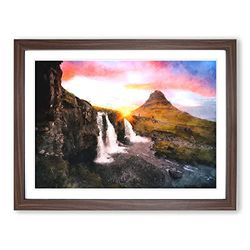 Kirkjufell Waterfalls & Mountain Painting Modern Art Framed Wall Art Print, Ready to Hang Picture for Living Room Bedroom Home Office Décor, Walnut A4 (34 x 25 cm)