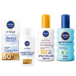 NIVEA SUN Routine solaire avec fluide solaire UV Visage FPS 50+, spray solaire protection immédiate FPS 50+ et après-soleil hydratant, Protection solaire pour tous types de peau