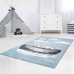 carpet city Alfombra Infantil Bueno de Pelo Plano, Corte Contorneado con Animales, Conejo, Mapache, Barco en Azul para habitación Infantil, tamaño: 140 x 200 cm, 140 x 200 cm