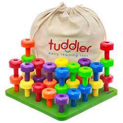 Tuddler Paquete Educativo Pegs Incluye un Set de Clavijas Apilables de Colores Brillantes/Juguete Montessori para Niños + Tarjeta de Patrón + Mochila con Cordón para almacenar y ordenar + ebook