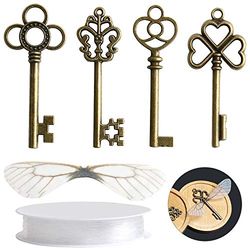 SANNIX 30 ciondoli vintage con chiavi a scheletro con 30 paia di ali di libellula e 30 metri di corda elastica di cristallo per gioielli fai da te per feste di nozze bomboniere decorazione stanza