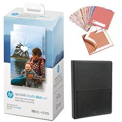 HP Sprocket Studio Plus Imprimante WiFi 4x6 à partir de votre appareil iOS et Android – Kit de démarrage : comprend 108 feuilles et 2 cartouches, cadres autocollants, album photo