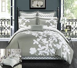 Chic Home 7 Piece Iris Reversible Large Scale Floral Design Stampato con Diamond Pattern Reverse Comforter Set, King, Grigio