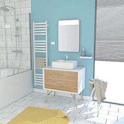 AURLANE Meuble Salle DE Bain SCANDINAVE Blanc ET Bois Naturel 80 CM avec TIROIRS, Vasque A Poser - Miroir